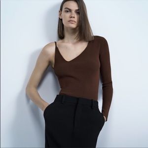Zara Asymmetrical Brown Knit one Sleeve Top SMALL
